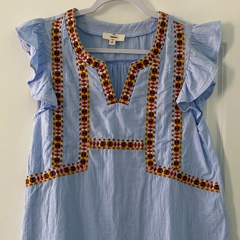 Entro Blue V-neck Top Ruffle Sleeve Small